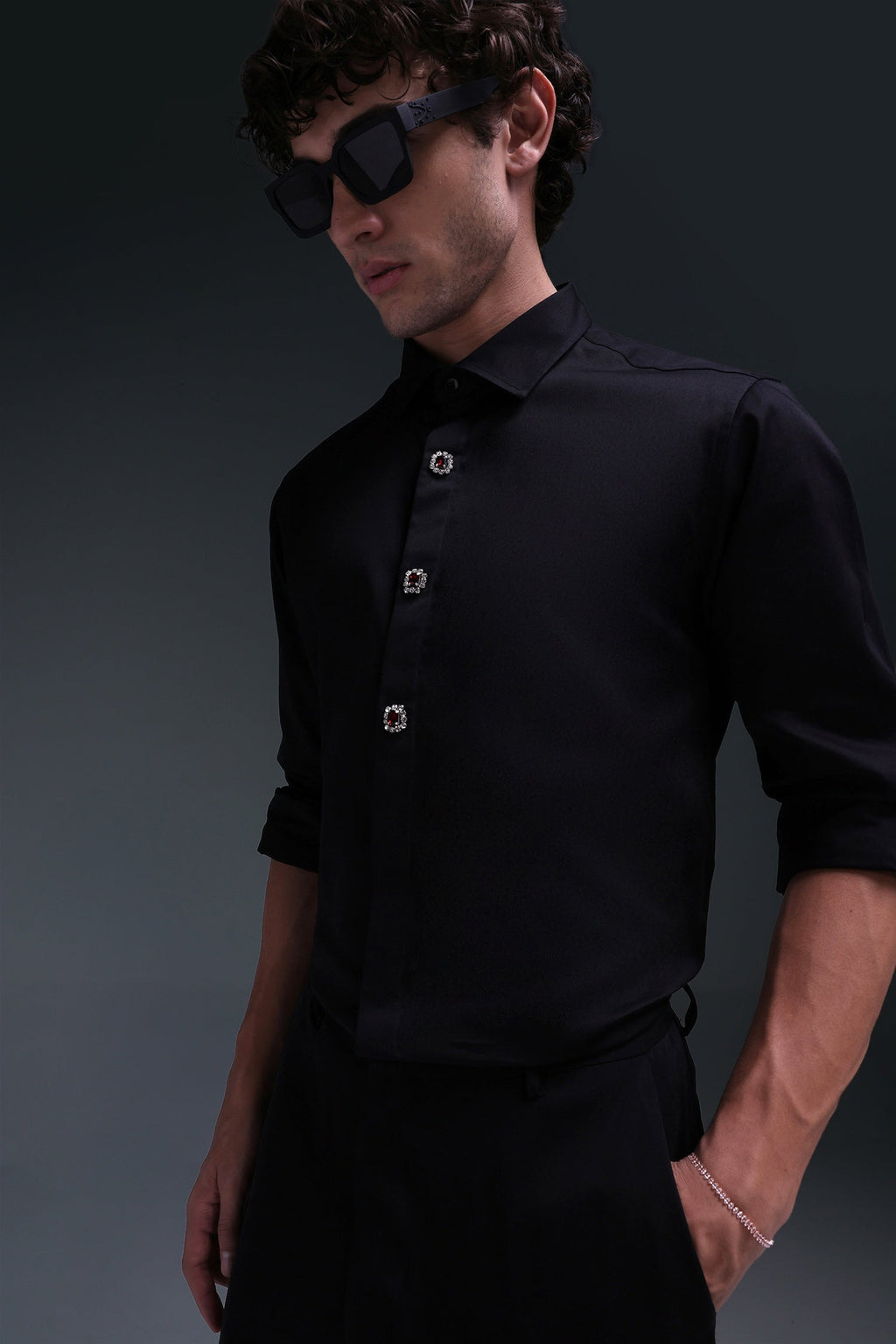 Regal(Red Rhinestone) - Hand Embroidered Designer Shirt - Black