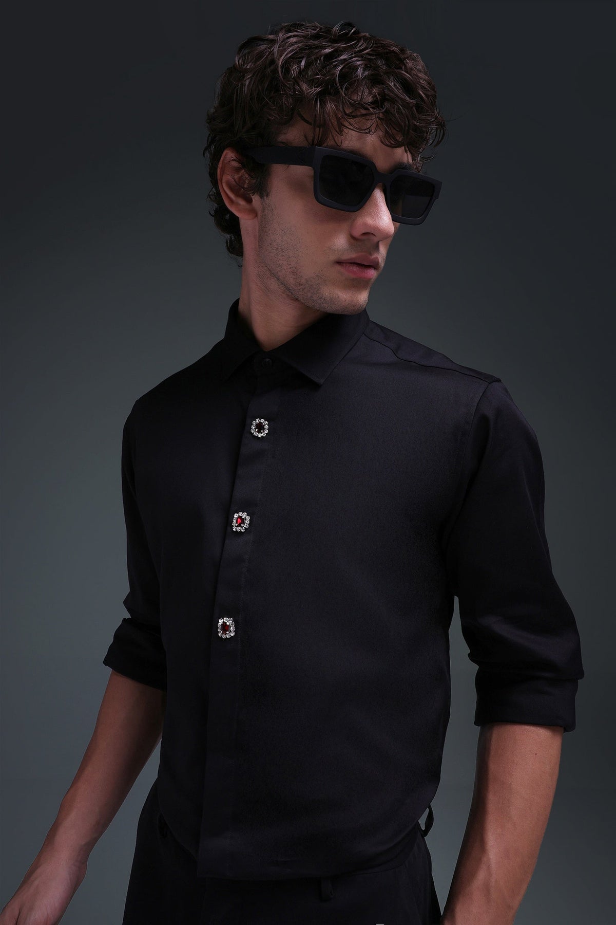Regal(Red Rhinestone) - Hand Embroidered Designer Shirt - Black