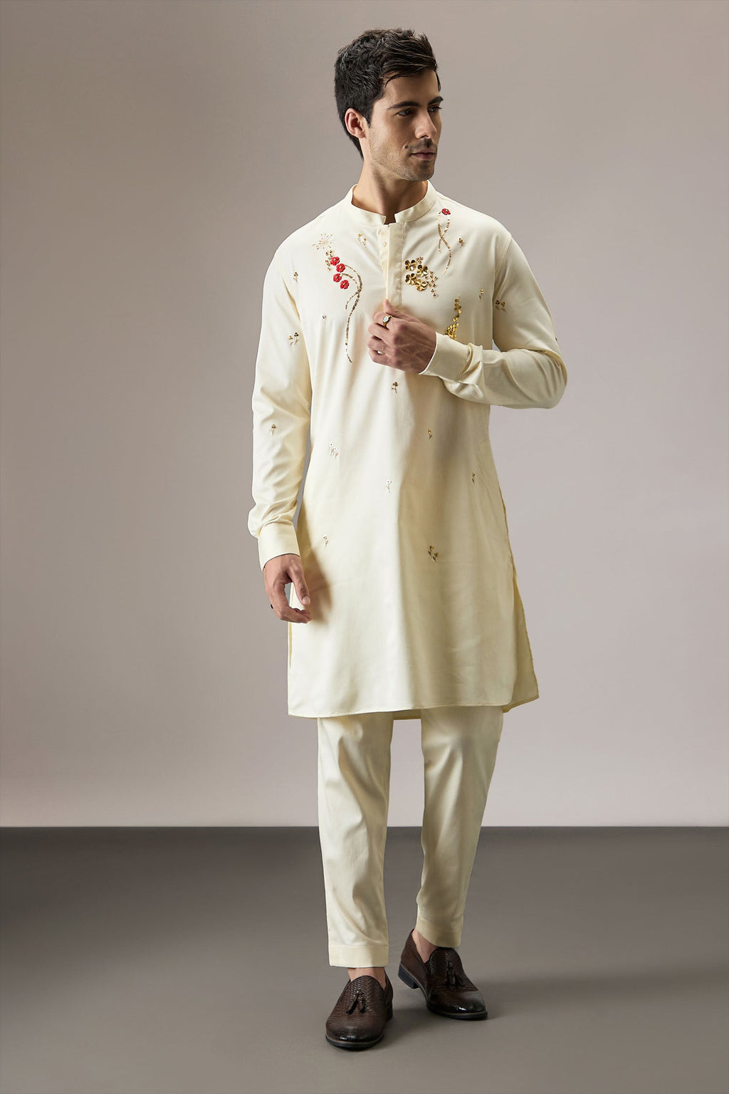 Cascade(Floral) - Hand Embroidered Designer Kurta - Ivory