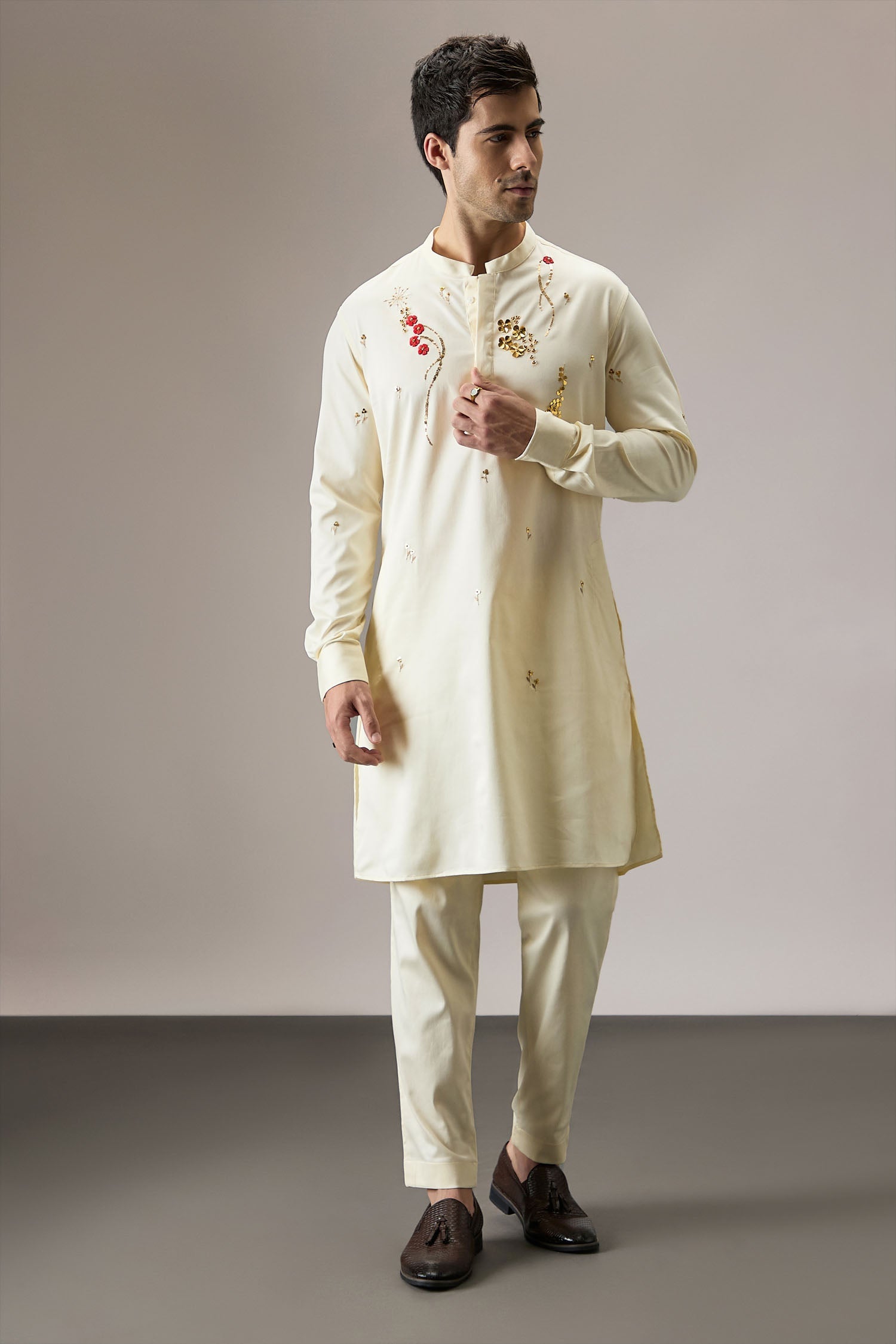 Cascade(Floral) - Hand Embroidered Designer Kurta - Ivory