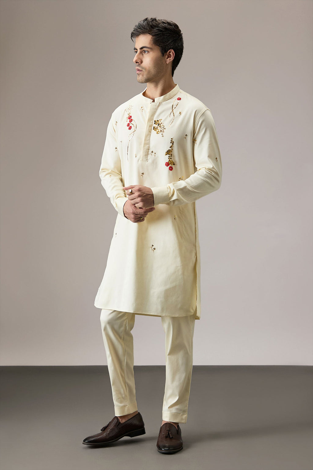 Cascade(Floral) - Hand Embroidered Designer Kurta - Ivory