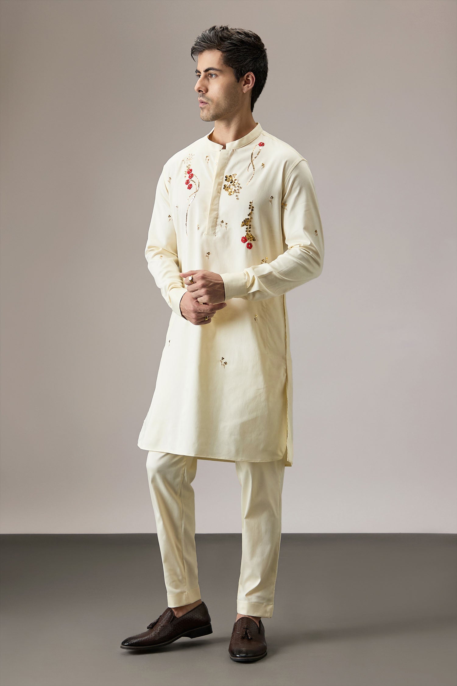 Cascade(Floral) - Hand Embroidered Designer Kurta - Ivory