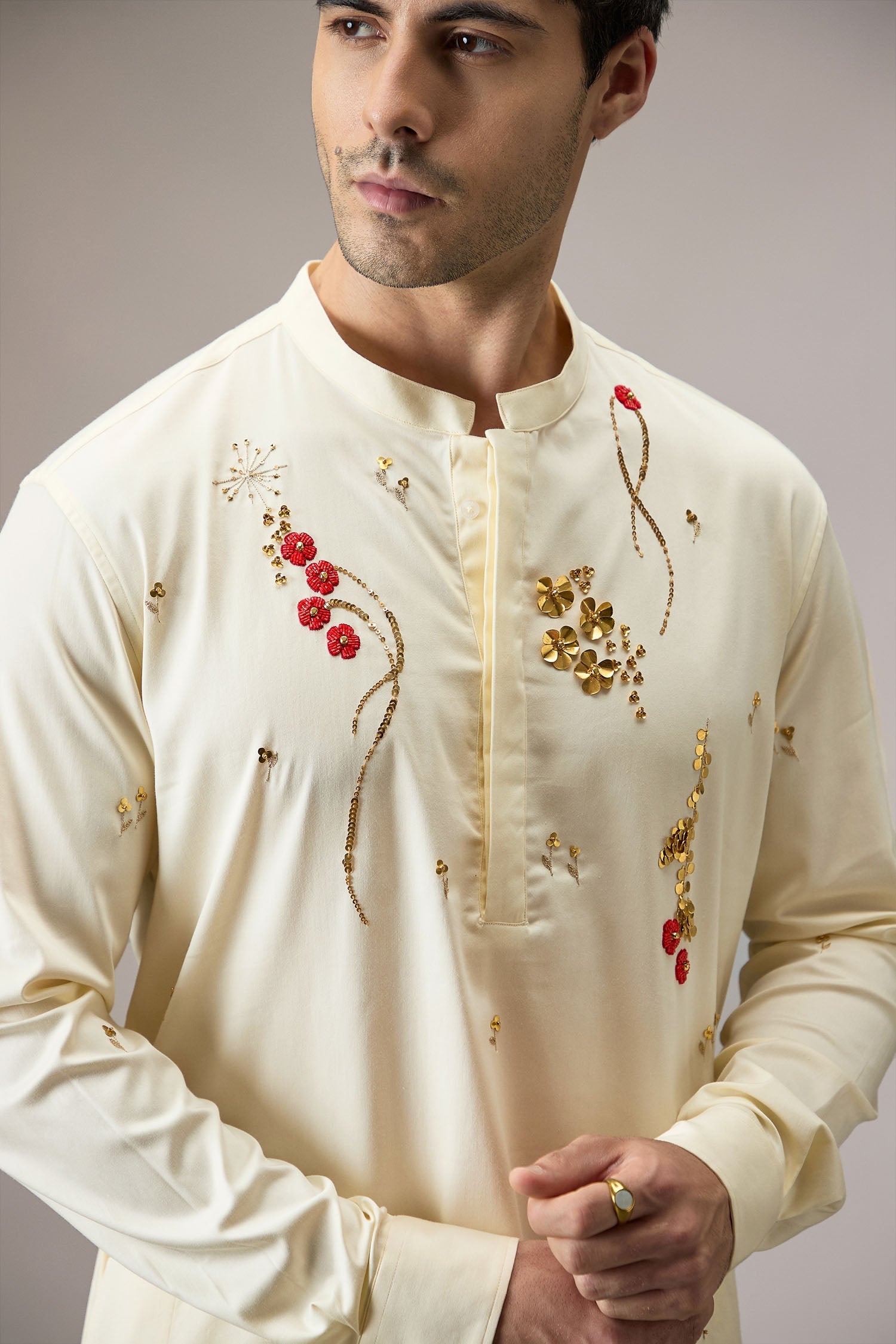 Cascade(Floral) - Hand Embroidered Designer Kurta - Ivory