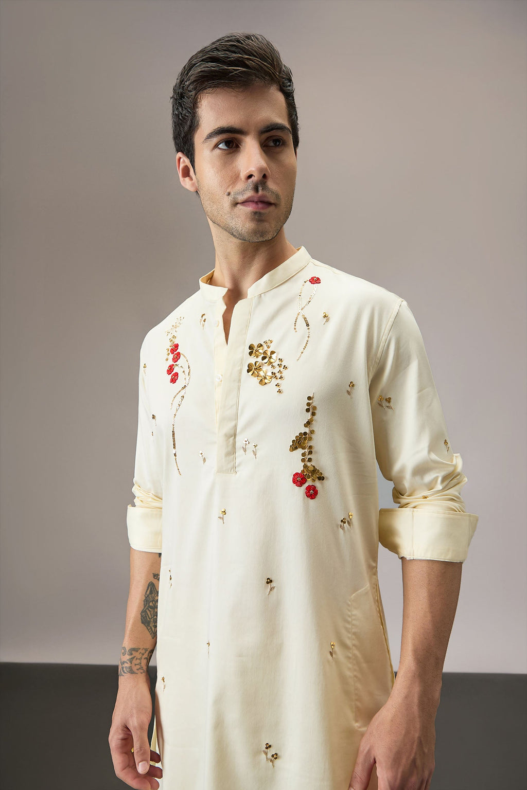 Cascade(Floral) - Hand Embroidered Designer Kurta - Ivory