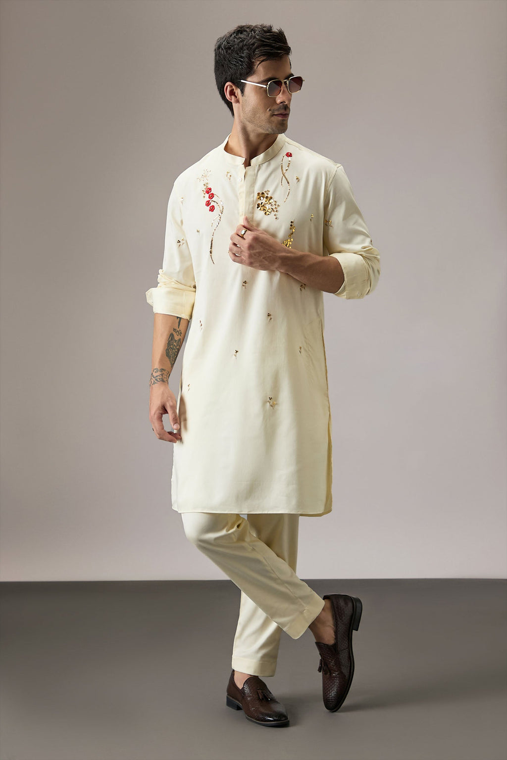 Cascade(Floral) - Hand Embroidered Designer Kurta - Ivory