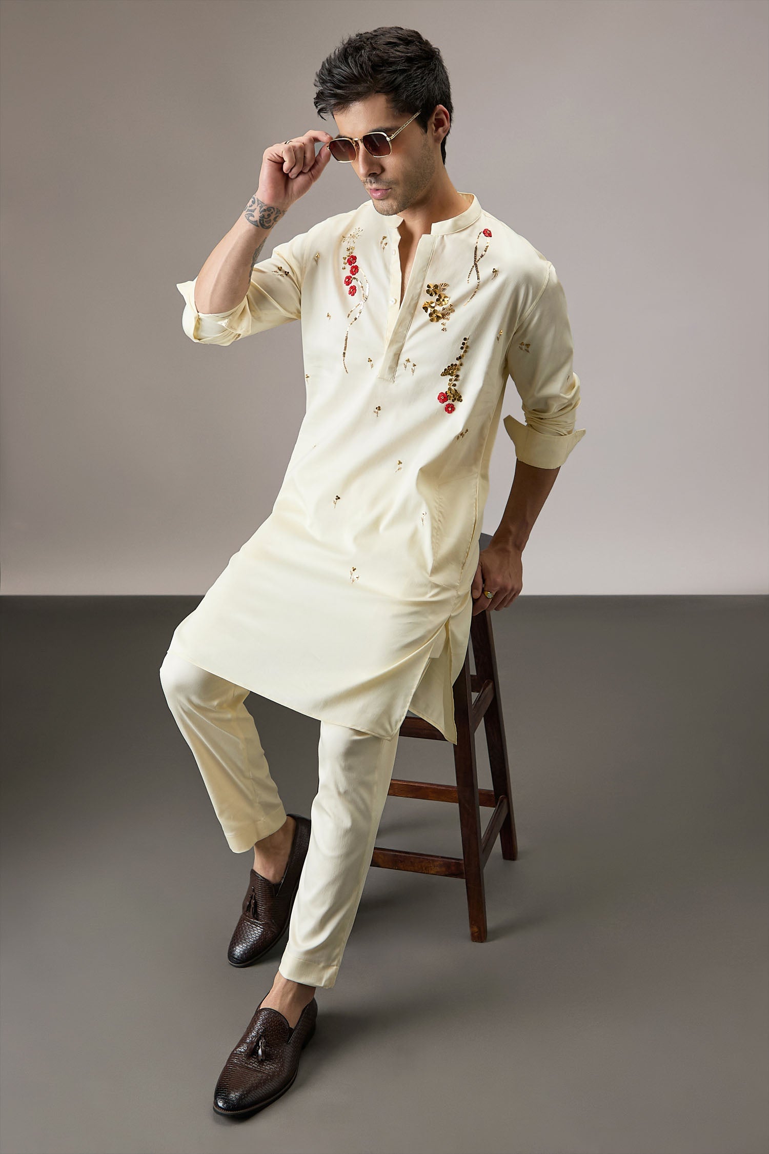 Cascade(Floral) - Hand Embroidered Designer Kurta - Ivory