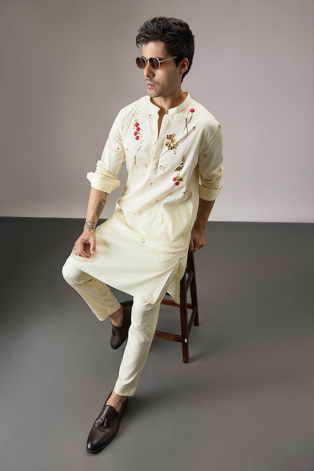 Cascade(Floral) - Hand Embroidered Designer Kurta - Ivory