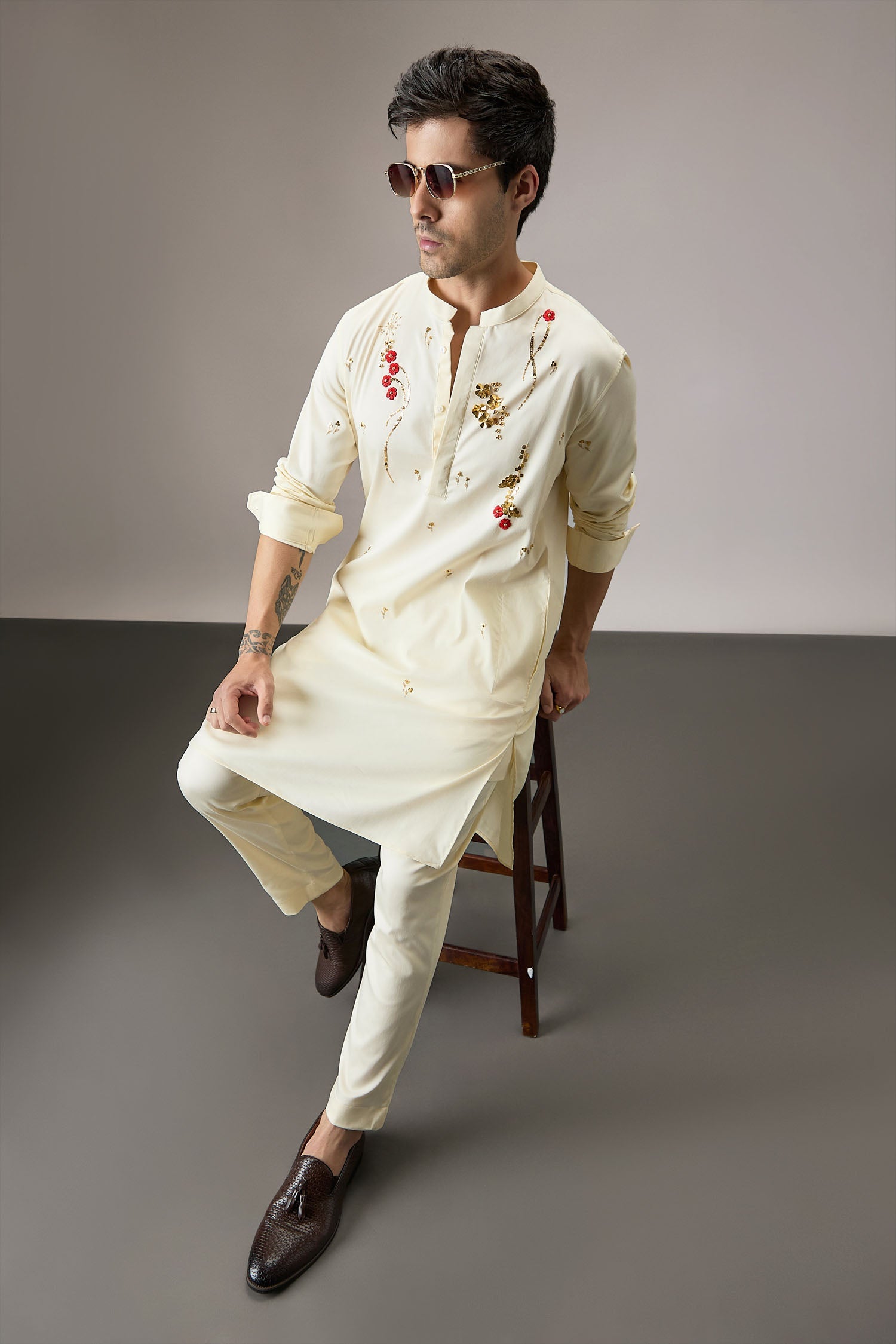 Cascade(Floral) - Hand Embroidered Designer Kurta - Ivory