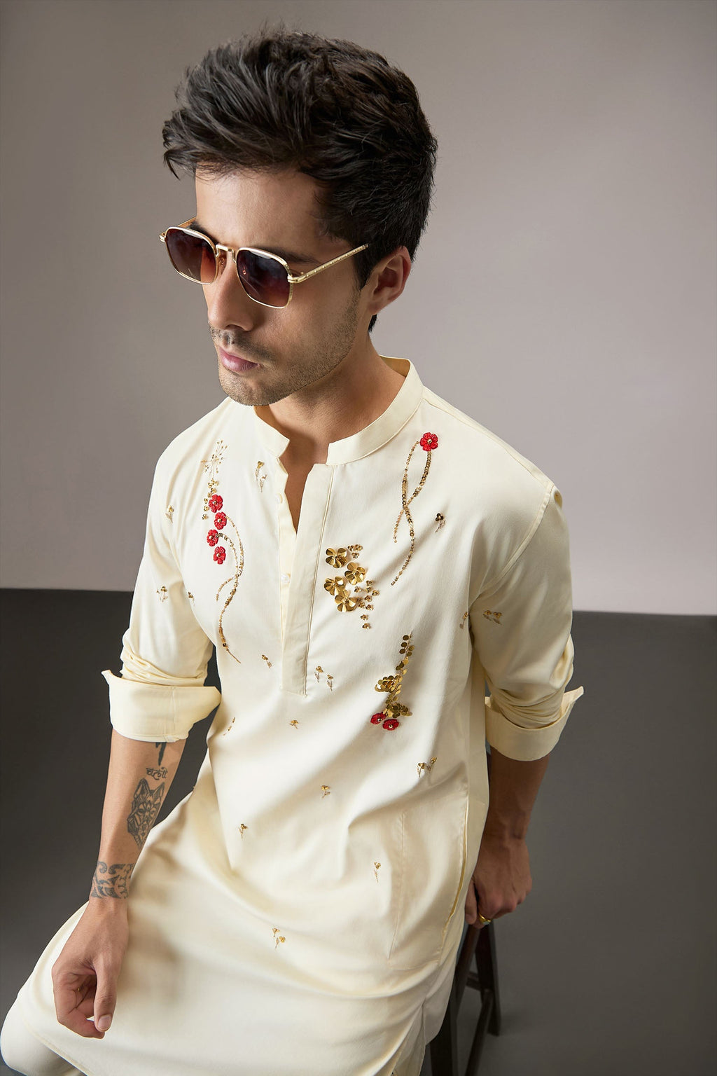 Cascade(Floral) - Hand Embroidered Designer Kurta - Ivory