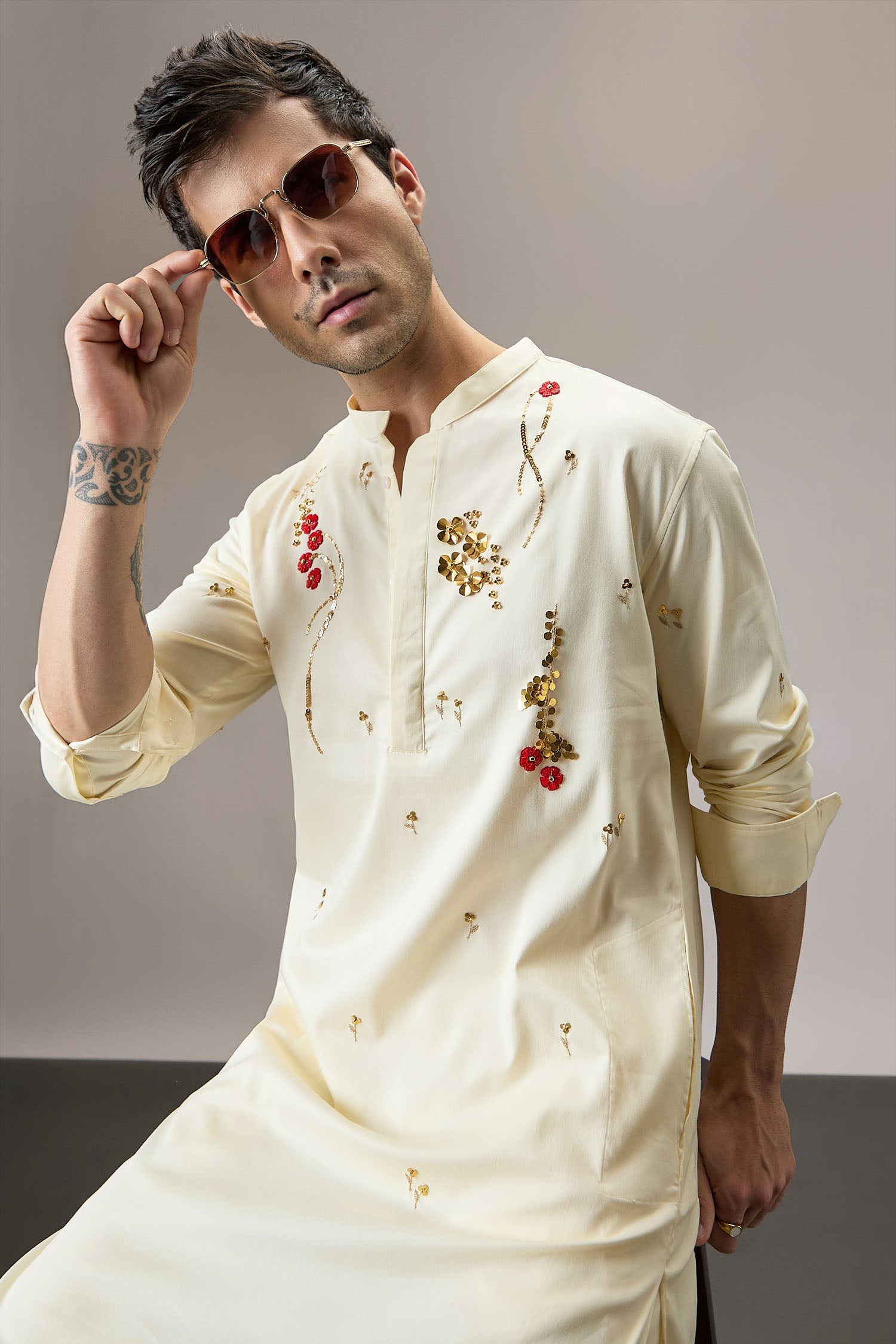 Cascade(Floral) - Hand Embroidered Designer Kurta - Ivory