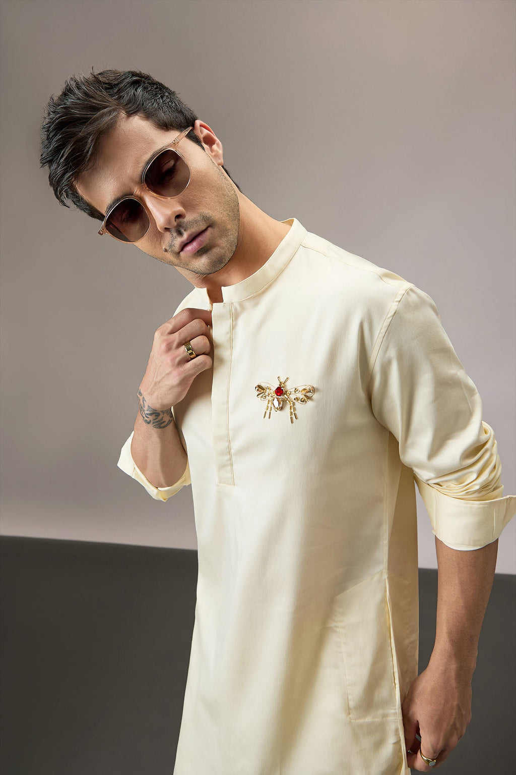 Wasp(Bee) - Hand Embroidered Designer Kurta - Ivory