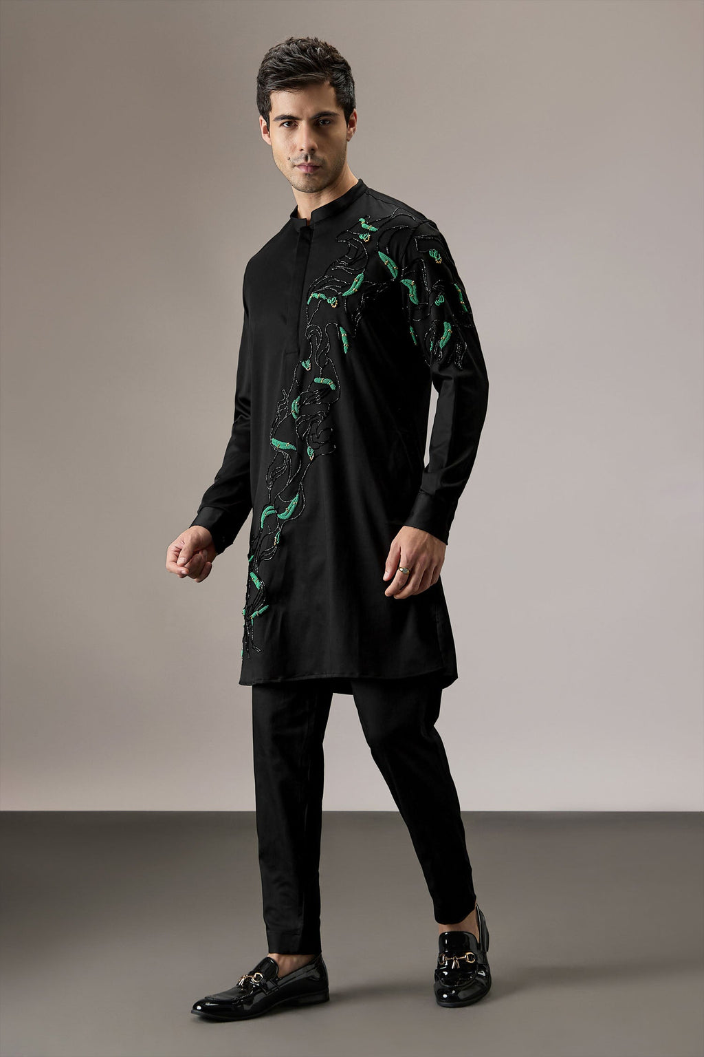 Roiling(Ocean) - Hand Embroidered Designer Kurta - Black