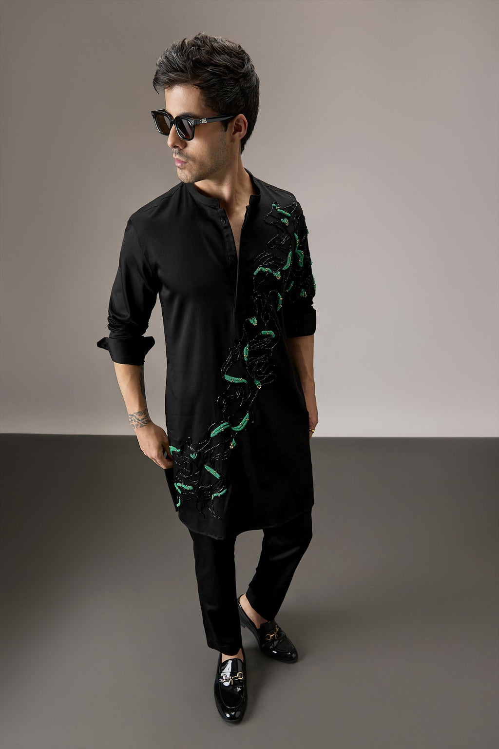 Roiling(Ocean) - Hand Embroidered Designer Kurta - Black