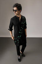 Roiling(Ocean) - Hand Embroidered Designer Kurta - Black