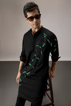 Roiling(Ocean) - Hand Embroidered Designer Kurta - Black