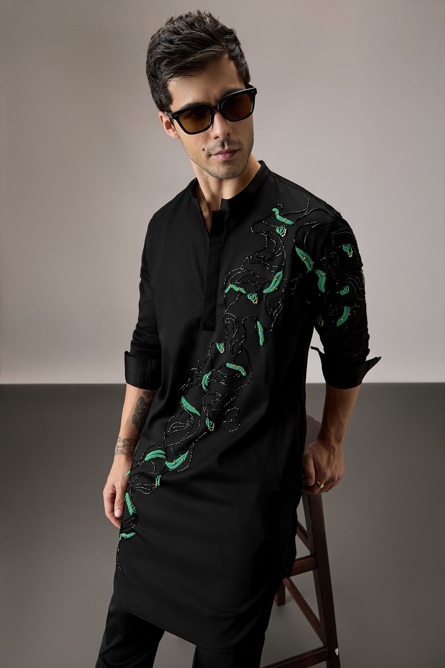 Roiling(Ocean) - Hand Embroidered Designer Kurta - Black