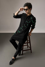 Roiling(Ocean) - Hand Embroidered Designer Kurta - Black