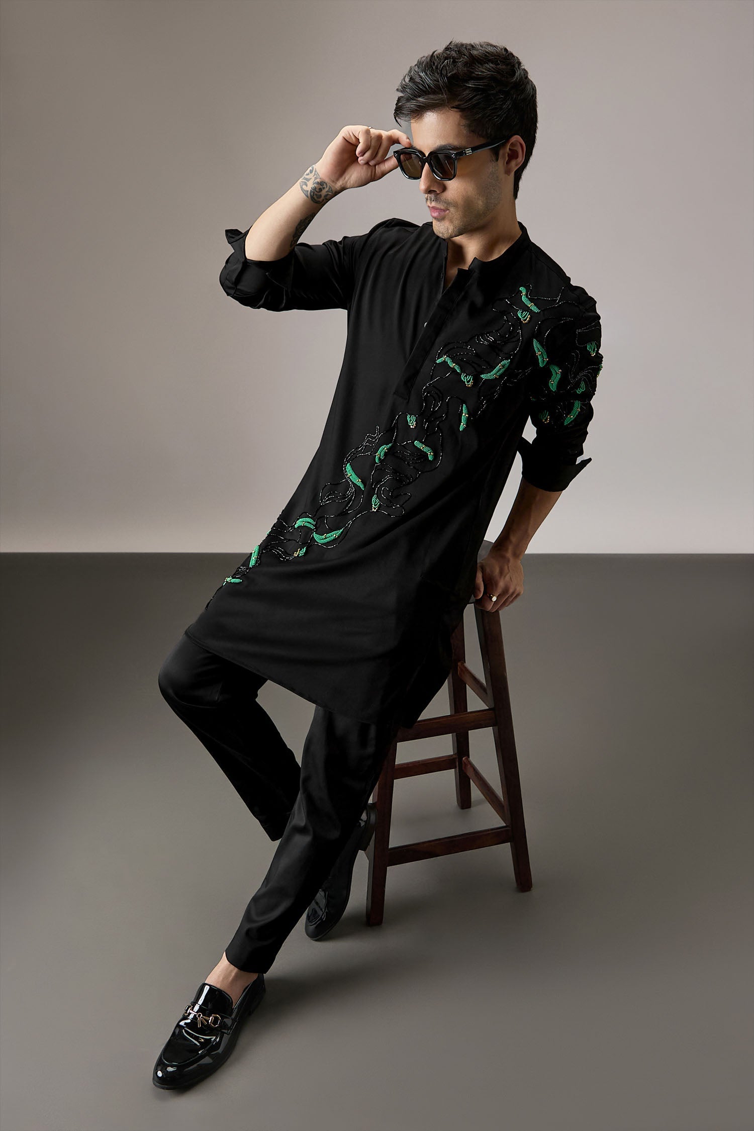Roiling(Ocean) - Hand Embroidered Designer Kurta - Black