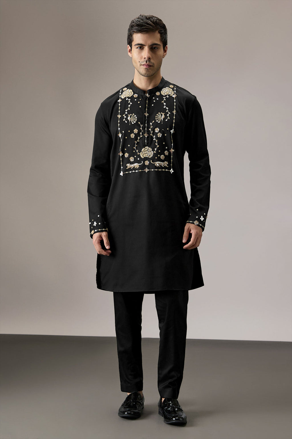Poe(Peacock) - Hand Embroidered Designer Kurta - Black