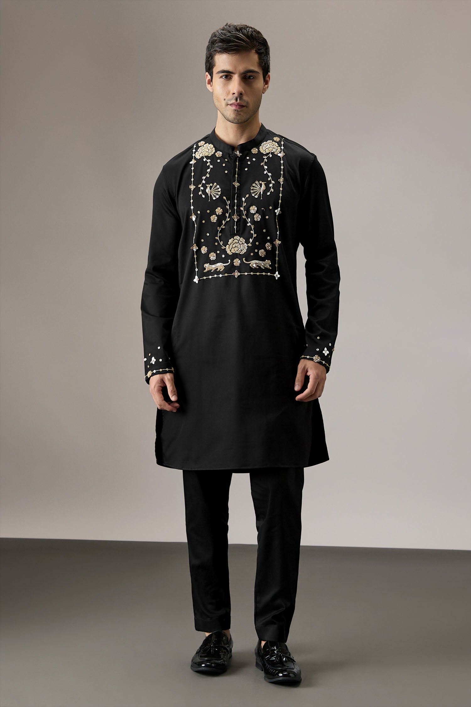 Poe(Peacock) - Hand Embroidered Designer Kurta - Black