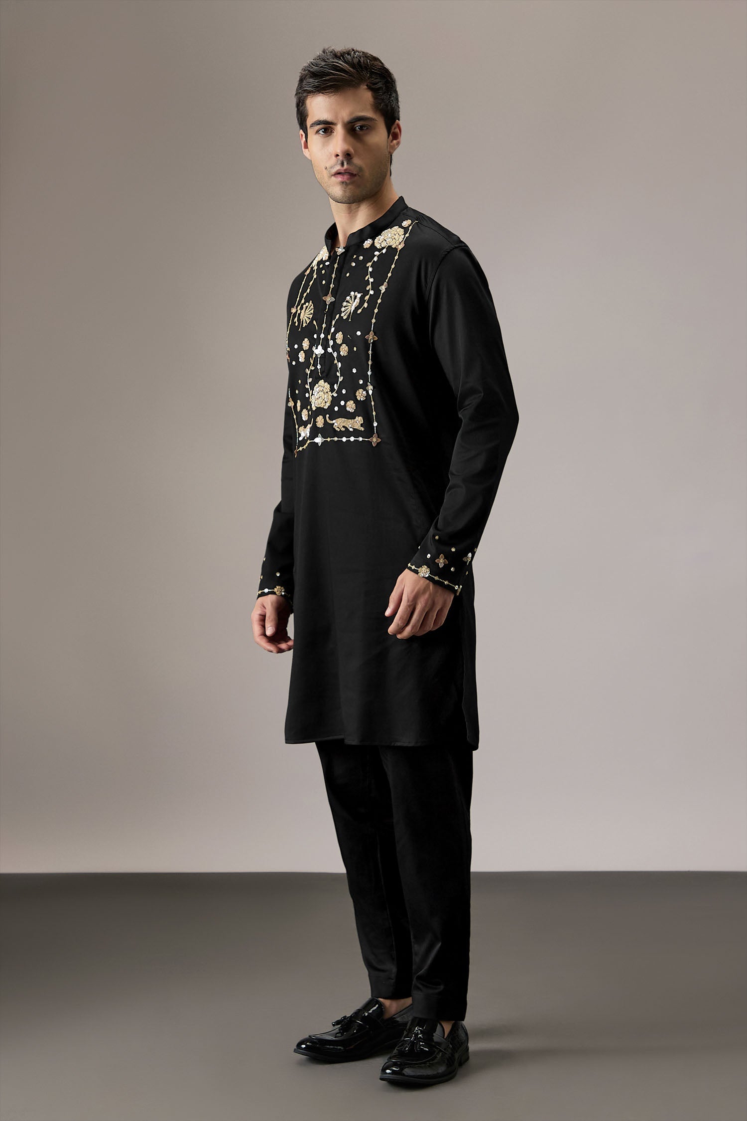 Poe(Peacock) - Hand Embroidered Designer Kurta - Black