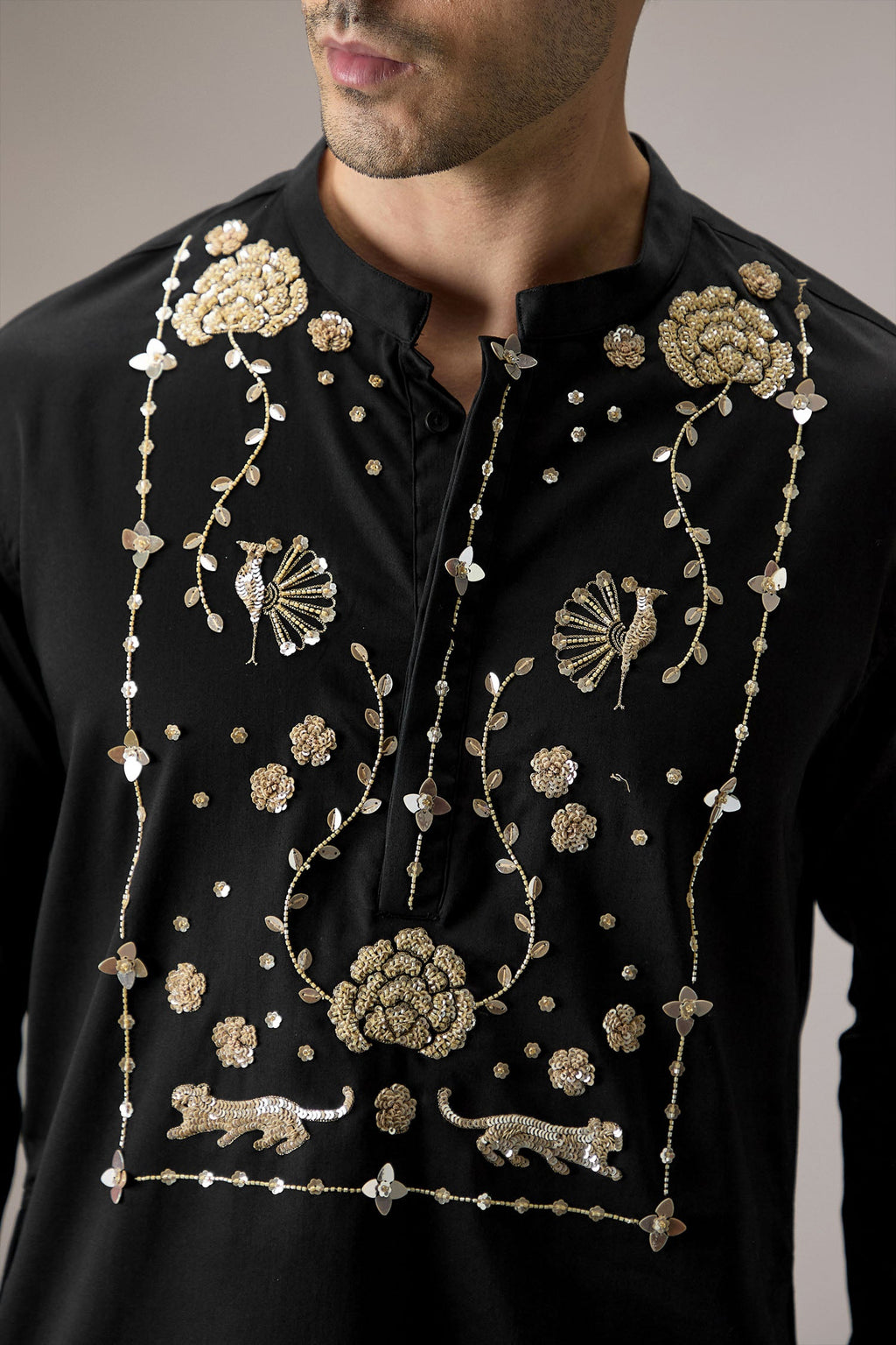 Poe(Peacock) - Hand Embroidered Designer Kurta - Black