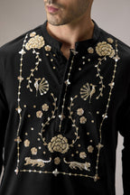Poe(Peacock) - Hand Embroidered Designer Kurta - Black