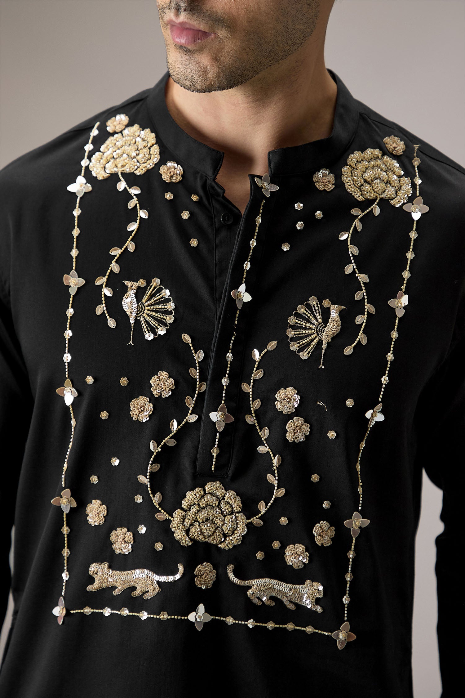 Poe(Peacock) - Hand Embroidered Designer Kurta - Black