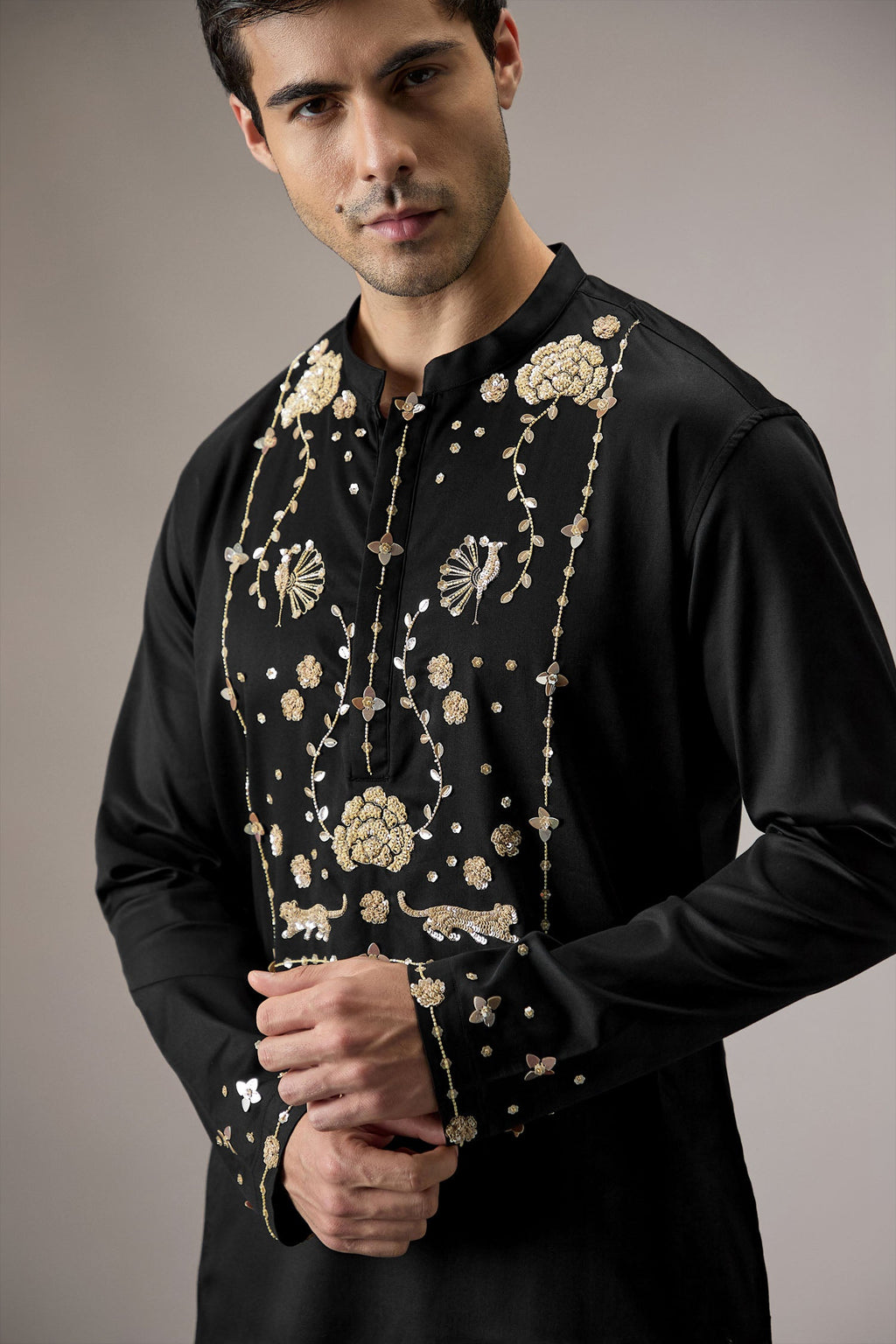 Poe(Peacock) - Hand Embroidered Designer Kurta - Black