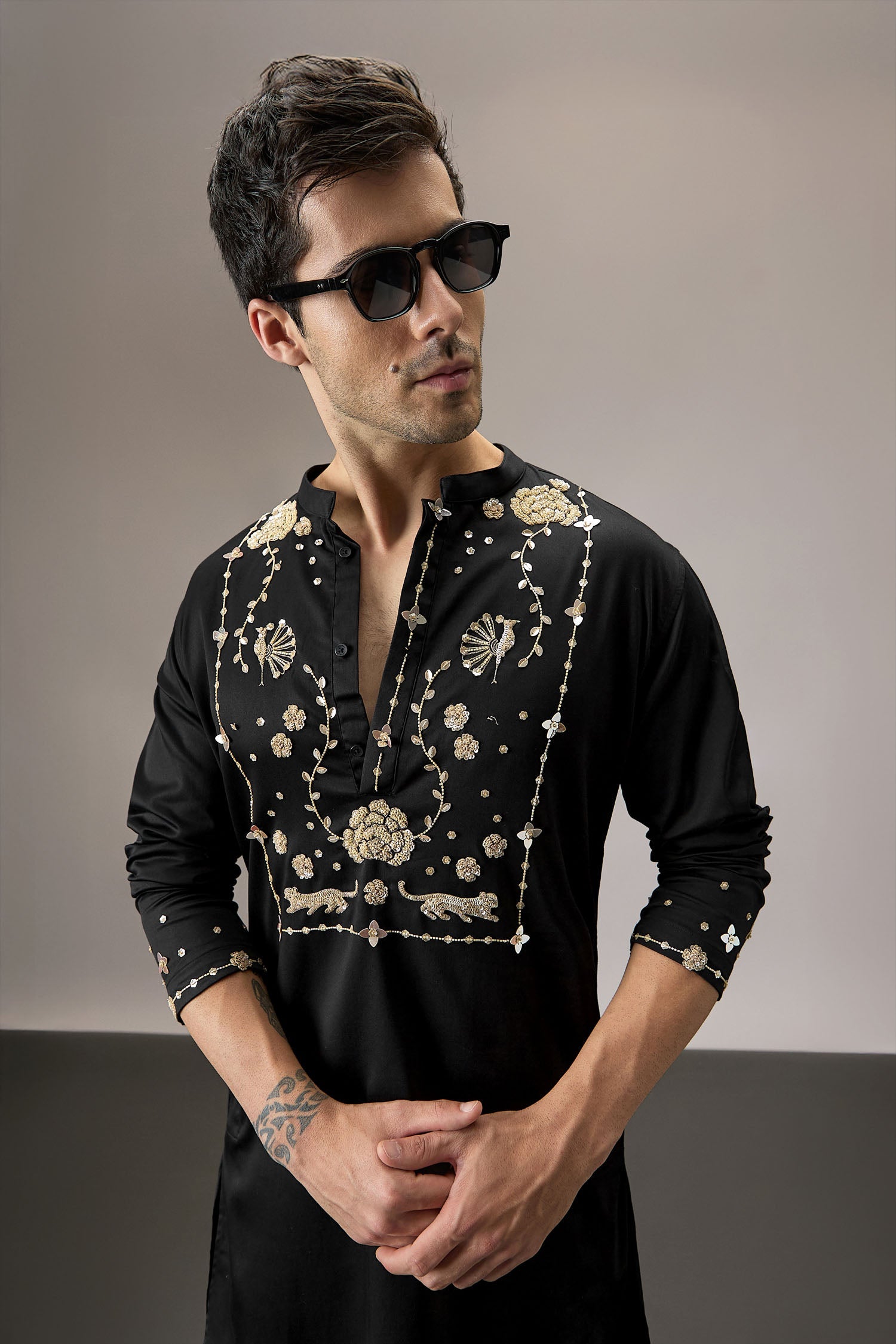 Poe(Peacock) - Hand Embroidered Designer Kurta - Black