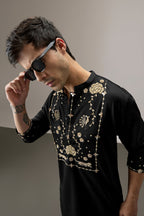 Poe(Peacock) - Hand Embroidered Designer Kurta - Black