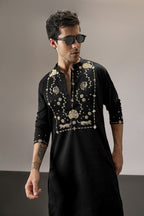 Poe(Peacock) - Hand Embroidered Designer Kurta - Black