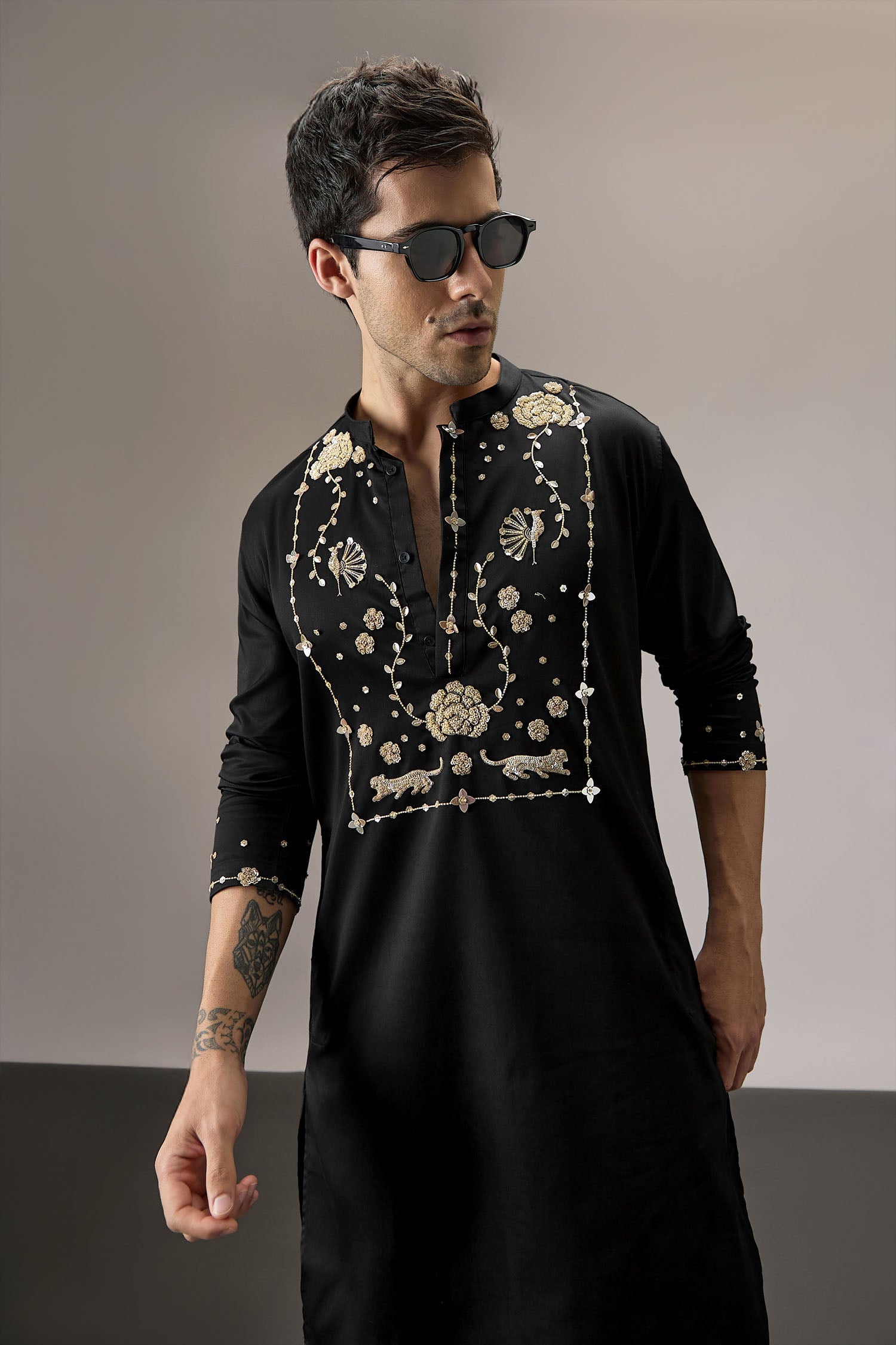 Poe(Peacock) - Hand Embroidered Designer Kurta - Black