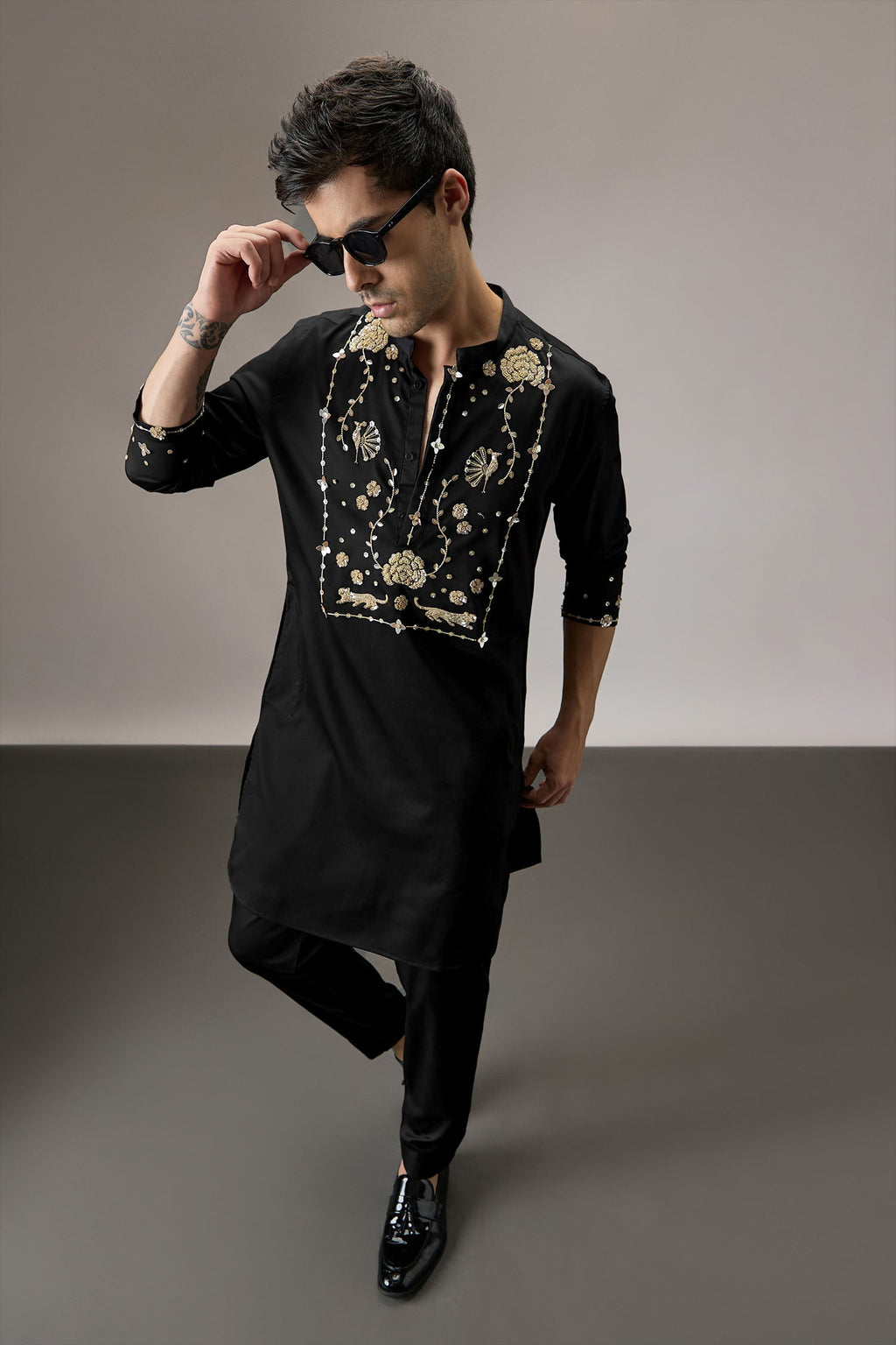 Poe(Peacock) - Hand Embroidered Designer Kurta - Black