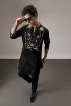 Poe(Peacock) - Hand Embroidered Designer Kurta - Black