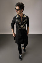 Poe(Peacock) - Hand Embroidered Designer Kurta - Black