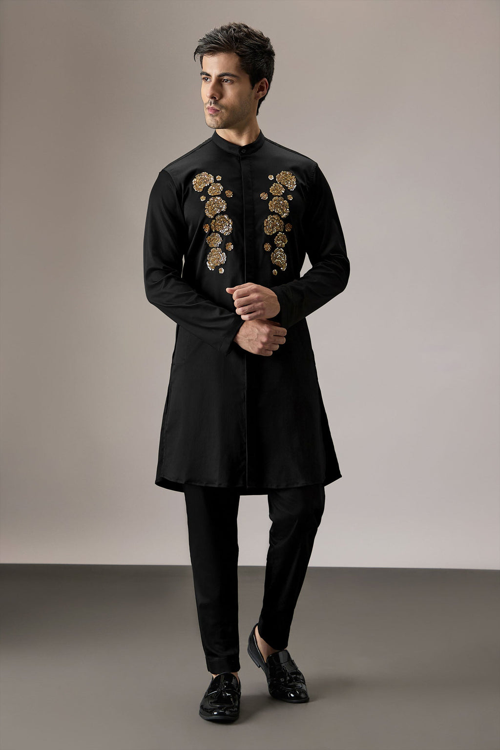 Indan(Floral) - Hand Embroidered Designer Kurta - Black