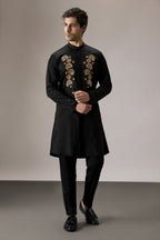 Indan(Floral) - Hand Embroidered Designer Kurta - Black