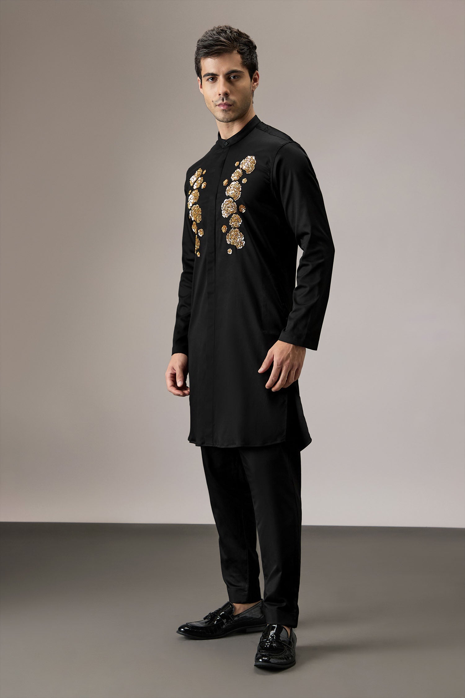 Indan(Floral) - Hand Embroidered Designer Kurta - Black
