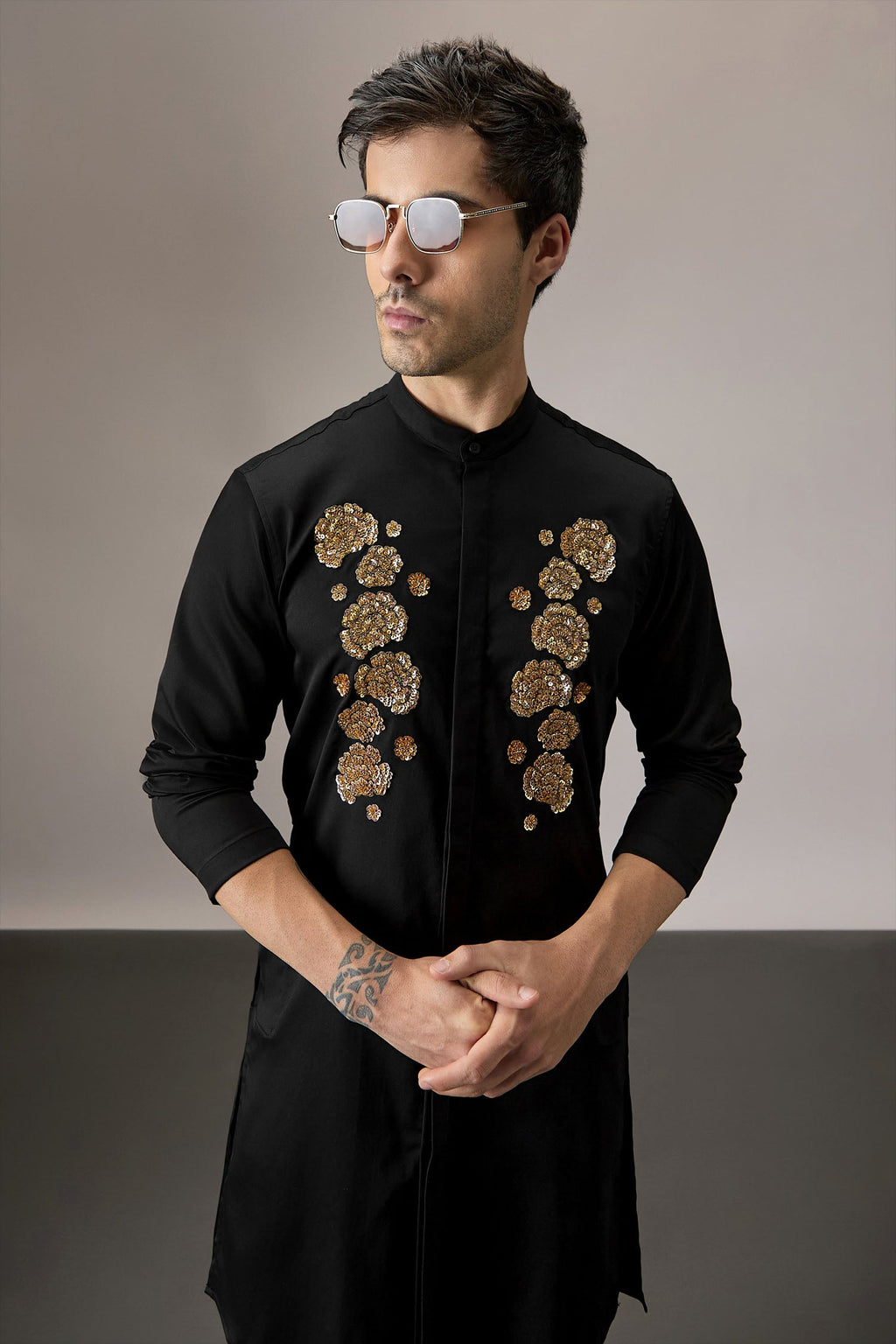Indan(Floral) - Hand Embroidered Designer Kurta - Black