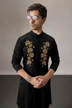Indan(Floral) - Hand Embroidered Designer Kurta - Black