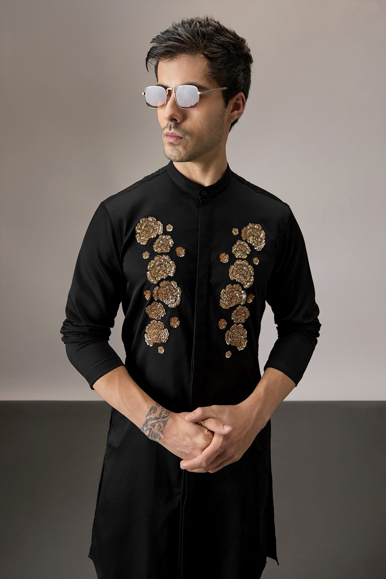 Indan(Floral) - Hand Embroidered Designer Kurta - Black