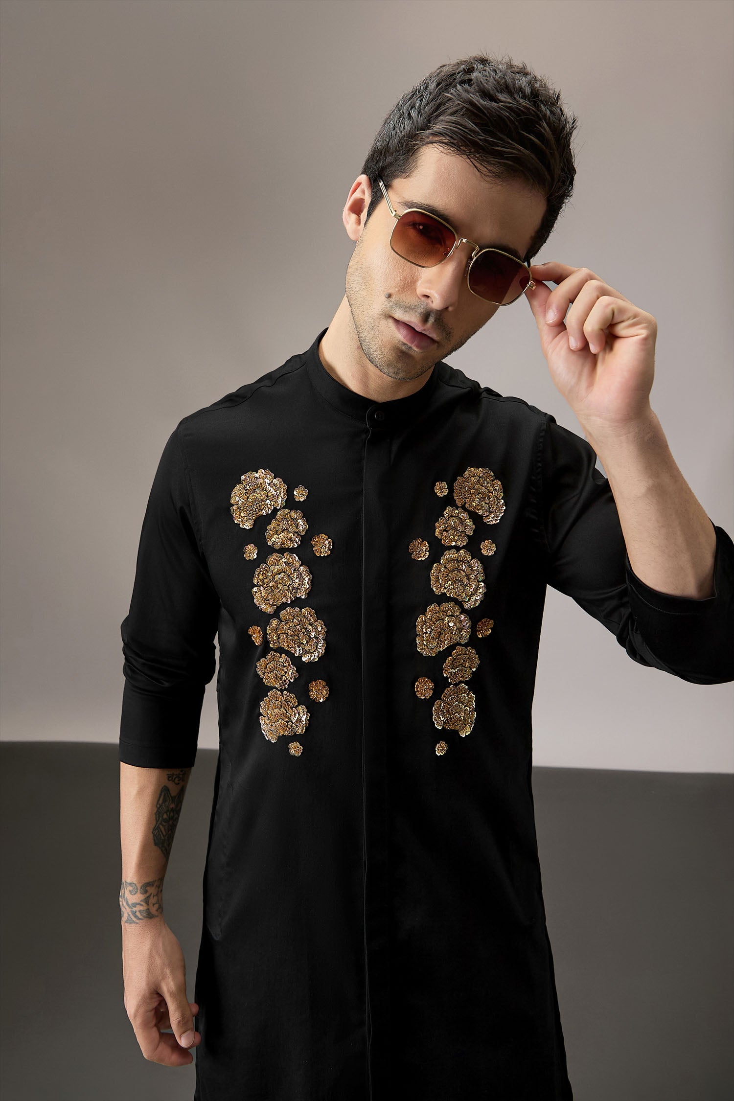Indan(Floral) - Hand Embroidered Designer Kurta - Black