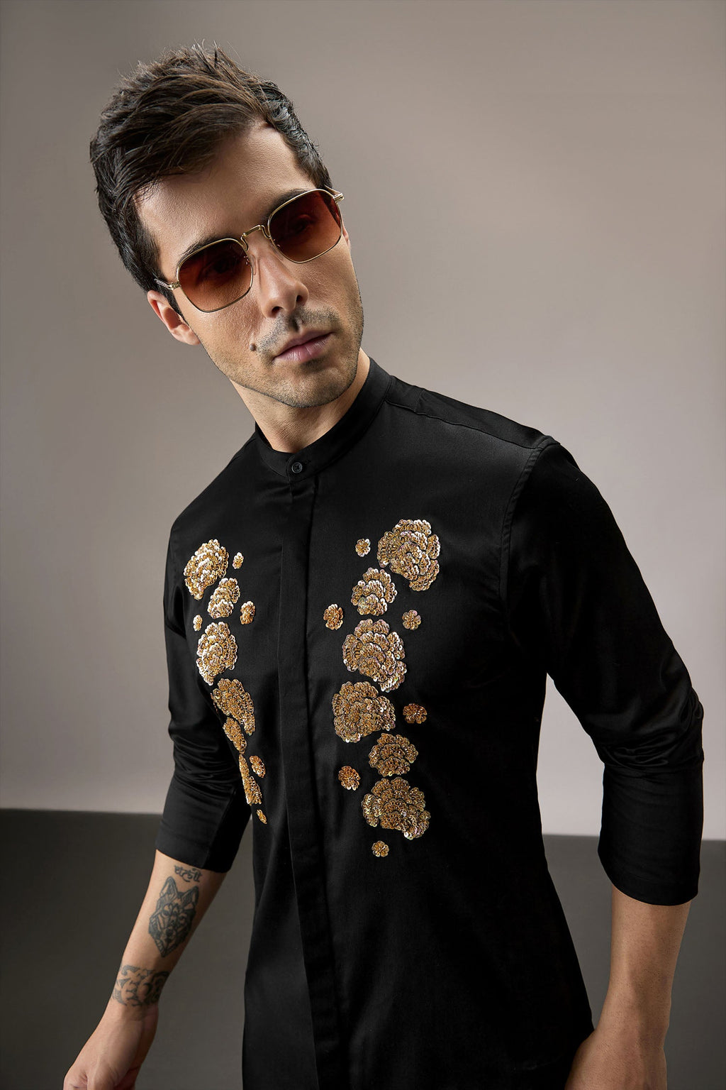 Indan(Floral) - Hand Embroidered Designer Kurta - Black