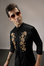 Indan(Floral) - Hand Embroidered Designer Kurta - Black