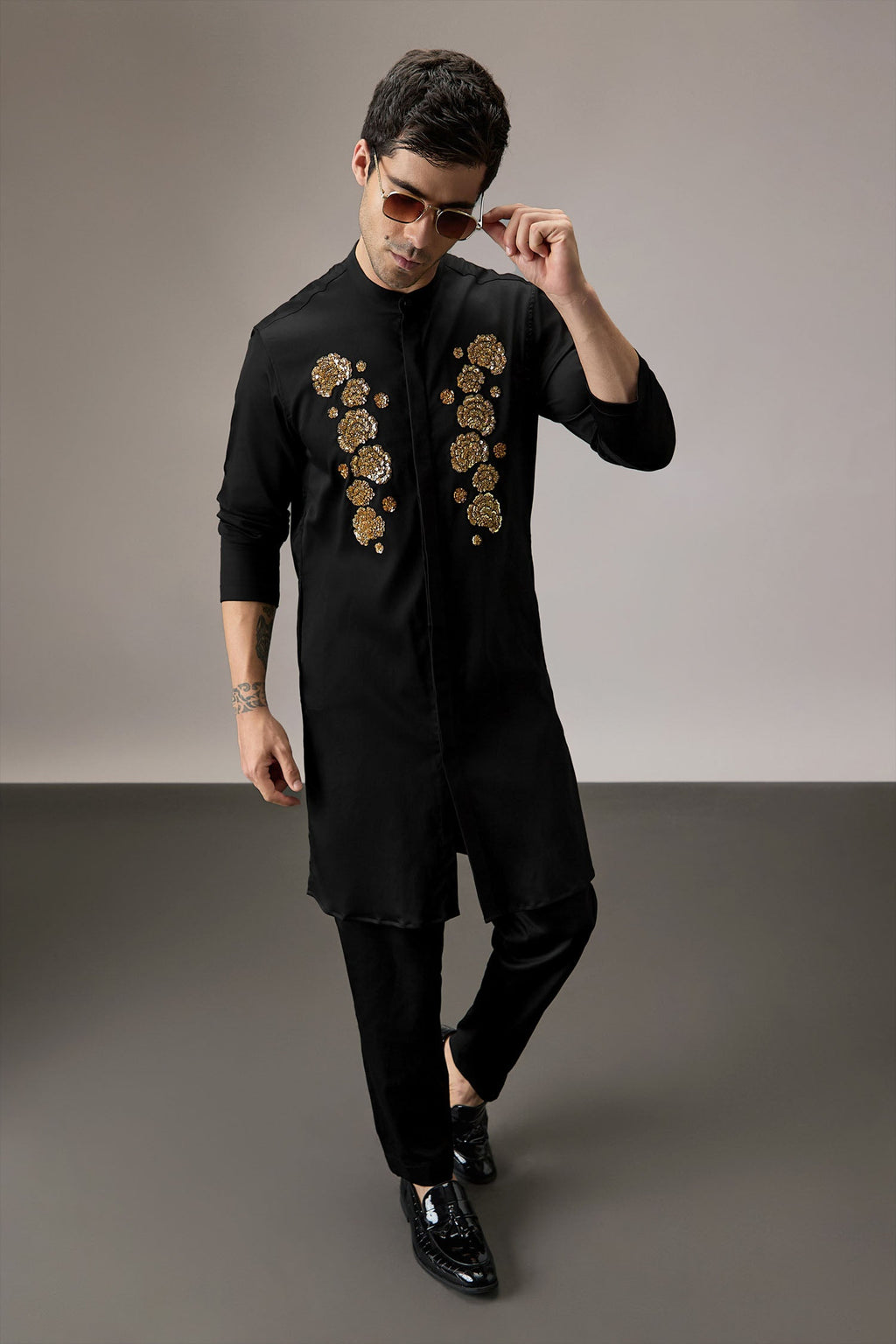 Indan(Floral) - Hand Embroidered Designer Kurta - Black