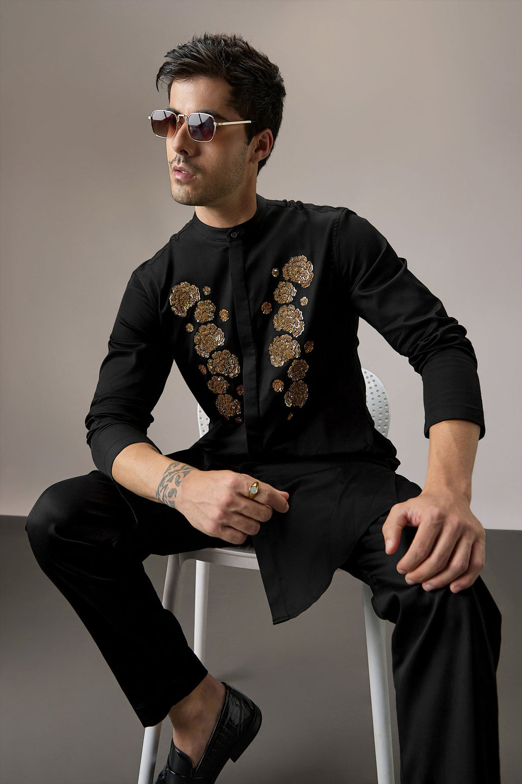 Indan(Floral) - Hand Embroidered Designer Kurta - Black