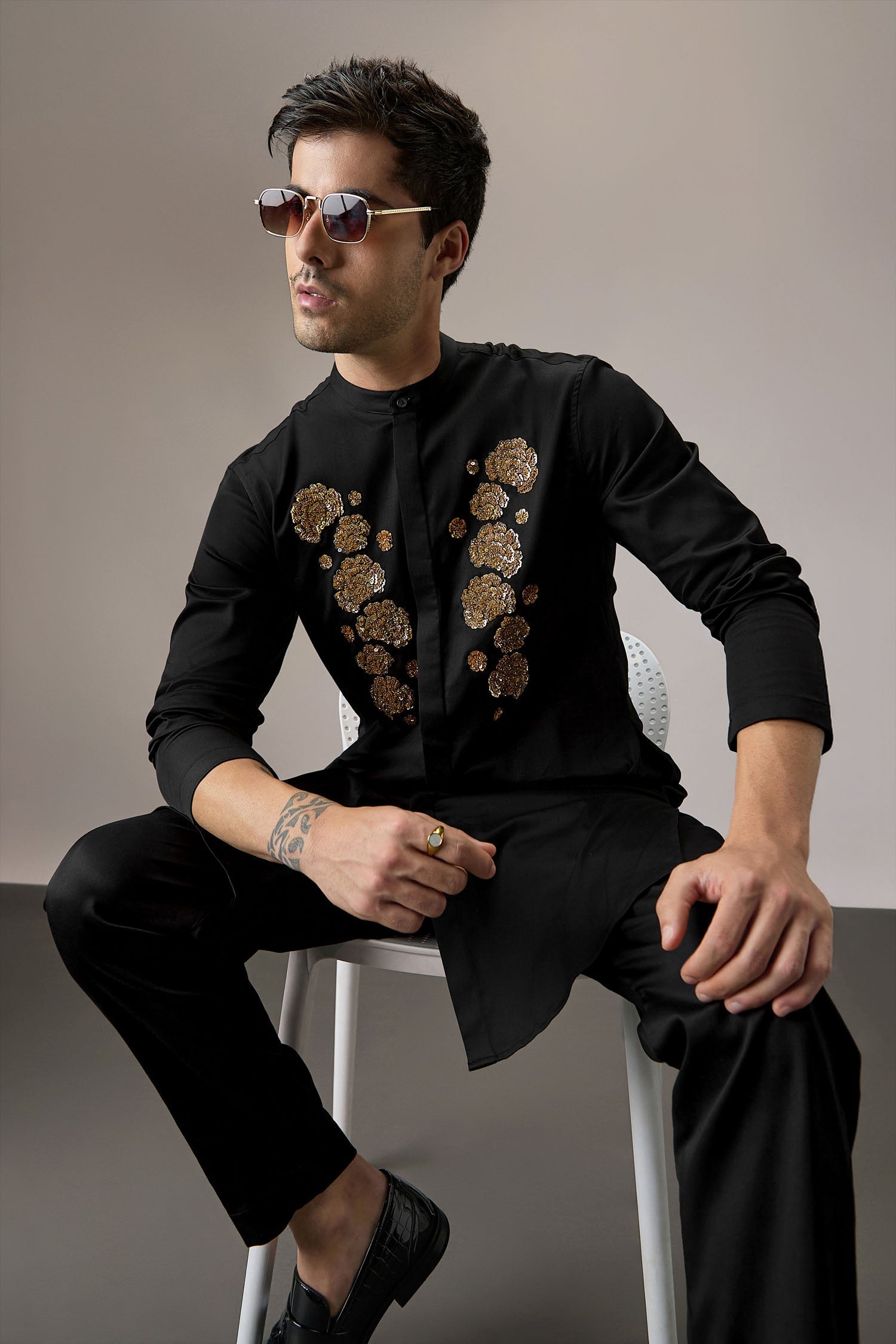 Indan(Floral) - Hand Embroidered Designer Kurta - Black