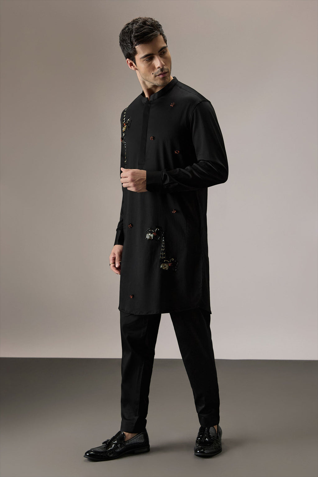 Lush All-over(Floral) - Hand Embroidered Designer Kurta - Black