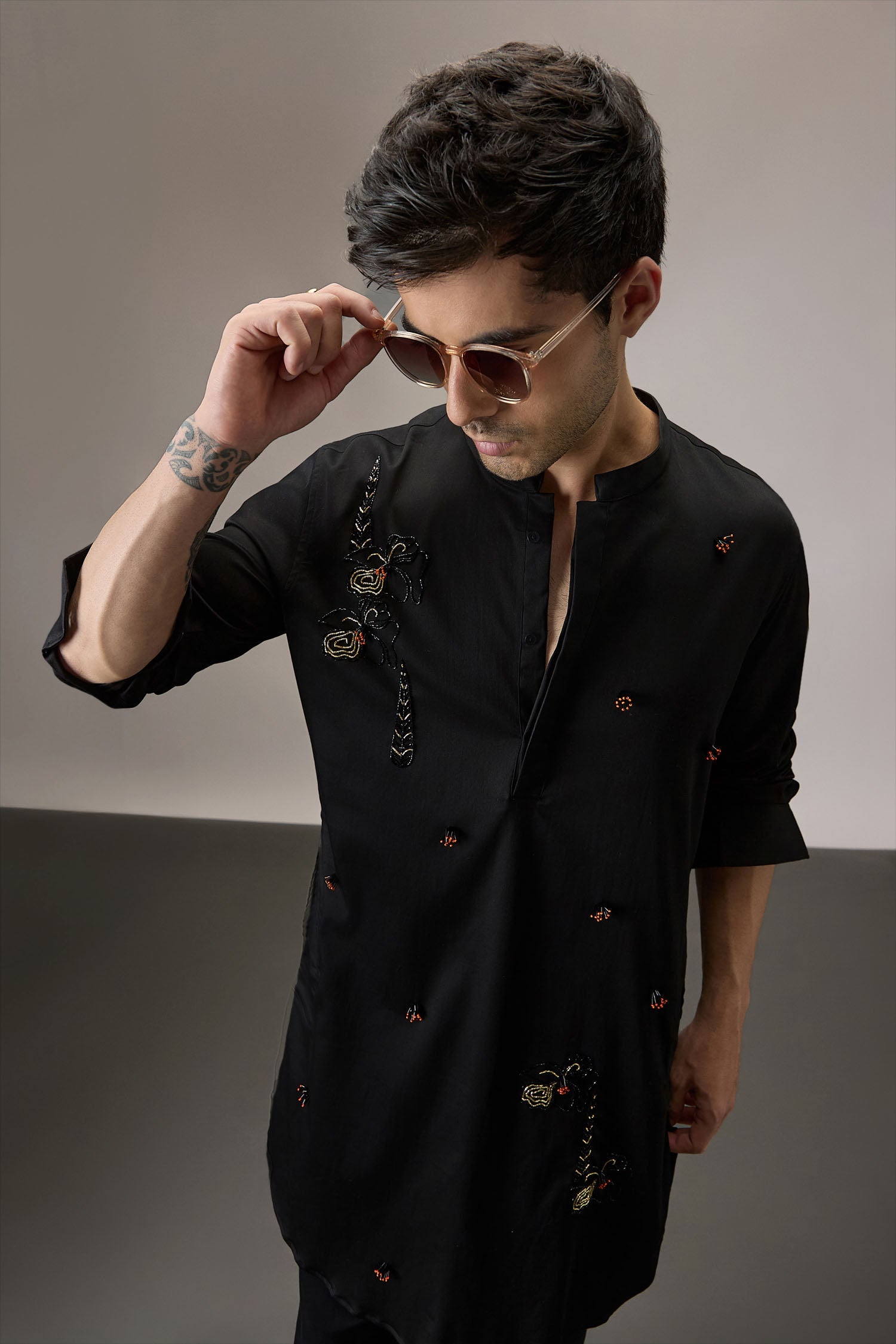 Lush All-over(Floral) - Hand Embroidered Designer Kurta - Black